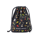 Black drawstring bag with floral pattern and 'Bondi Wash' branding on a white background